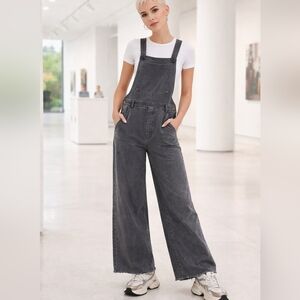 aerie🖤Washed Charcoal Wide-Leg Denim Overalls 5 POCKETS, TIE STRAPS  Sz Large
